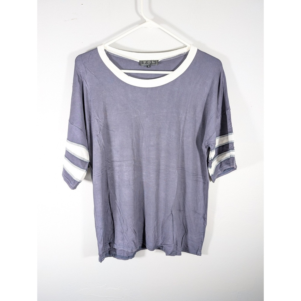 POL Women's Small silky blue and white stripe short sleeve top tee tshirt